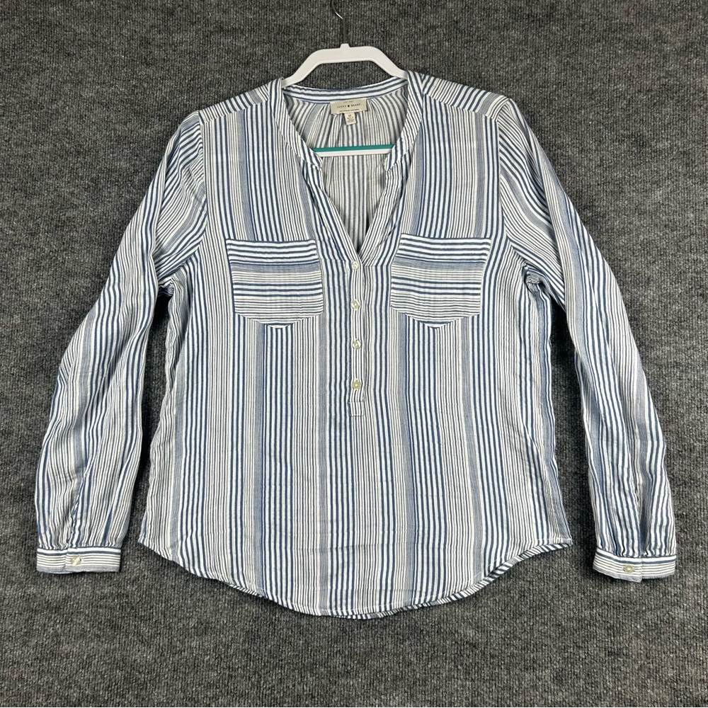 Lucky Brand Blue White Stripe Henley Blouse Women Medium